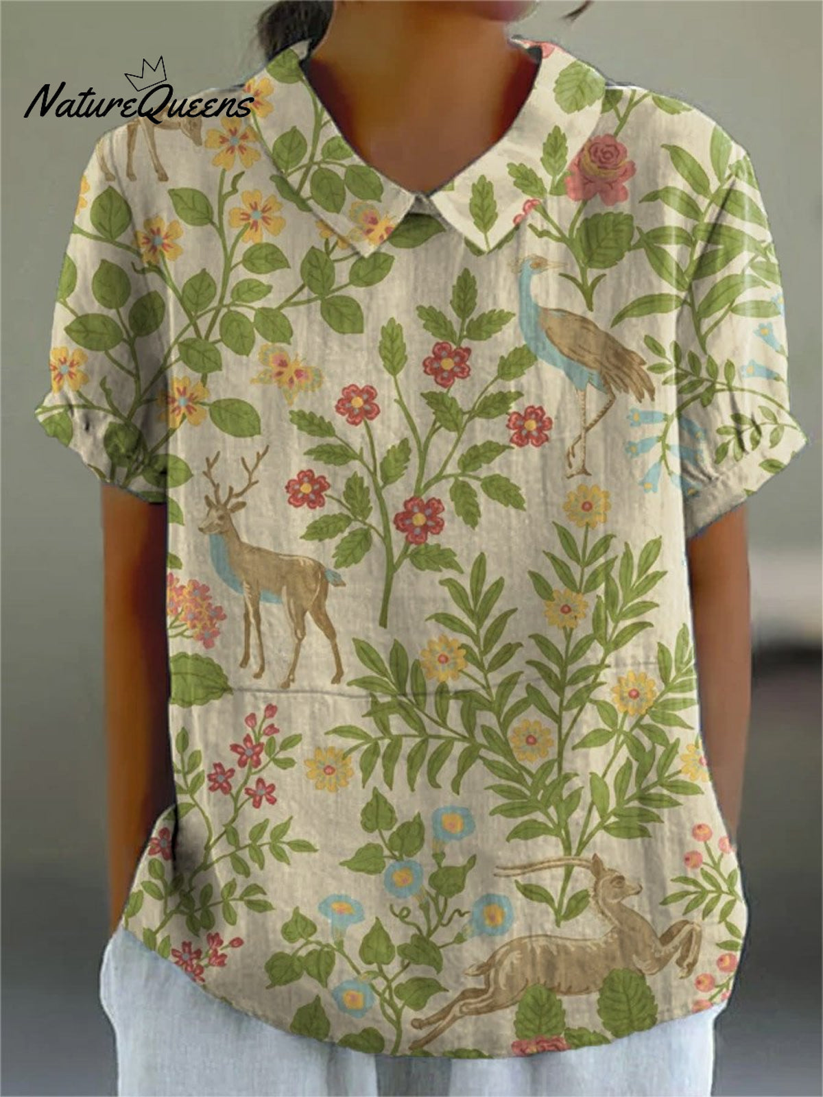 Women's Vintage Floral Animals Art Print Casual Cotton And Linen Shirt