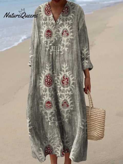 Women's Vintage Ethnic Floral Art Print Cotton Dress