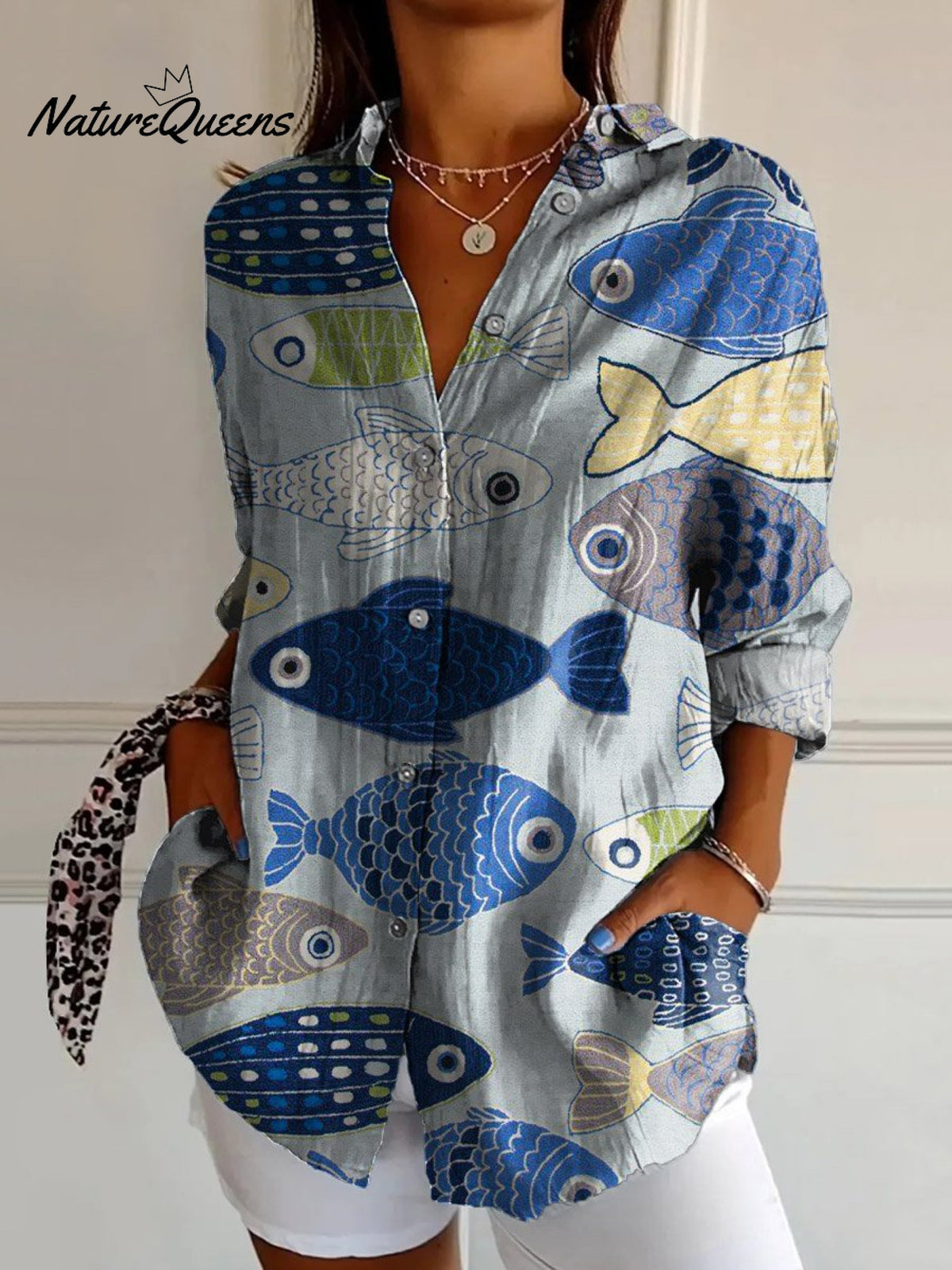 Women's Vintage Lovely Fish Art Print Casual Cotton Shirt