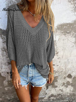 Women's Solid Color Stylish Hollow Long-sleeved V-neck Casual Knitted Top