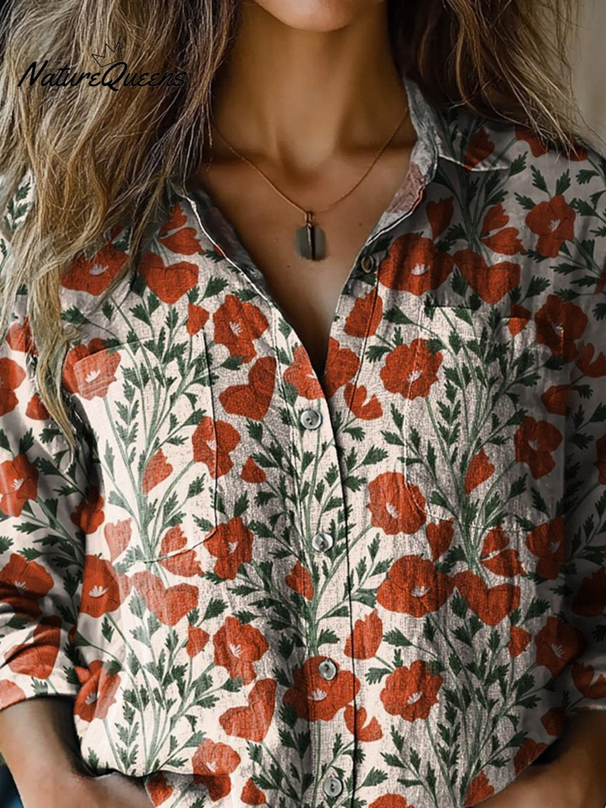Summer Poppy Floral Pattern Printed Women's Casual Long Sleeve Comfortable Cotton Shirt