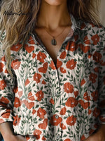 Summer Poppy Floral Pattern Printed Women's Casual Long Sleeve Comfortable Cotton Shirt