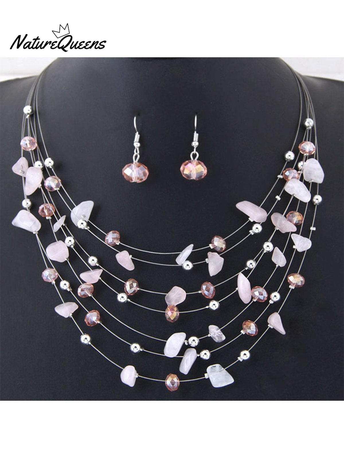 Bohemian Crystal Layered Necklace And Earrings Set Pink / Onesize