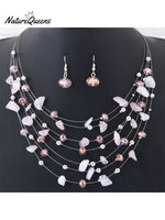 Bohemian Crystal Layered Necklace And Earrings Set Pink / Onesize