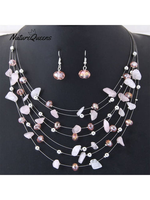 Bohemian Crystal Layered Necklace And Earrings Set Pink / Onesize