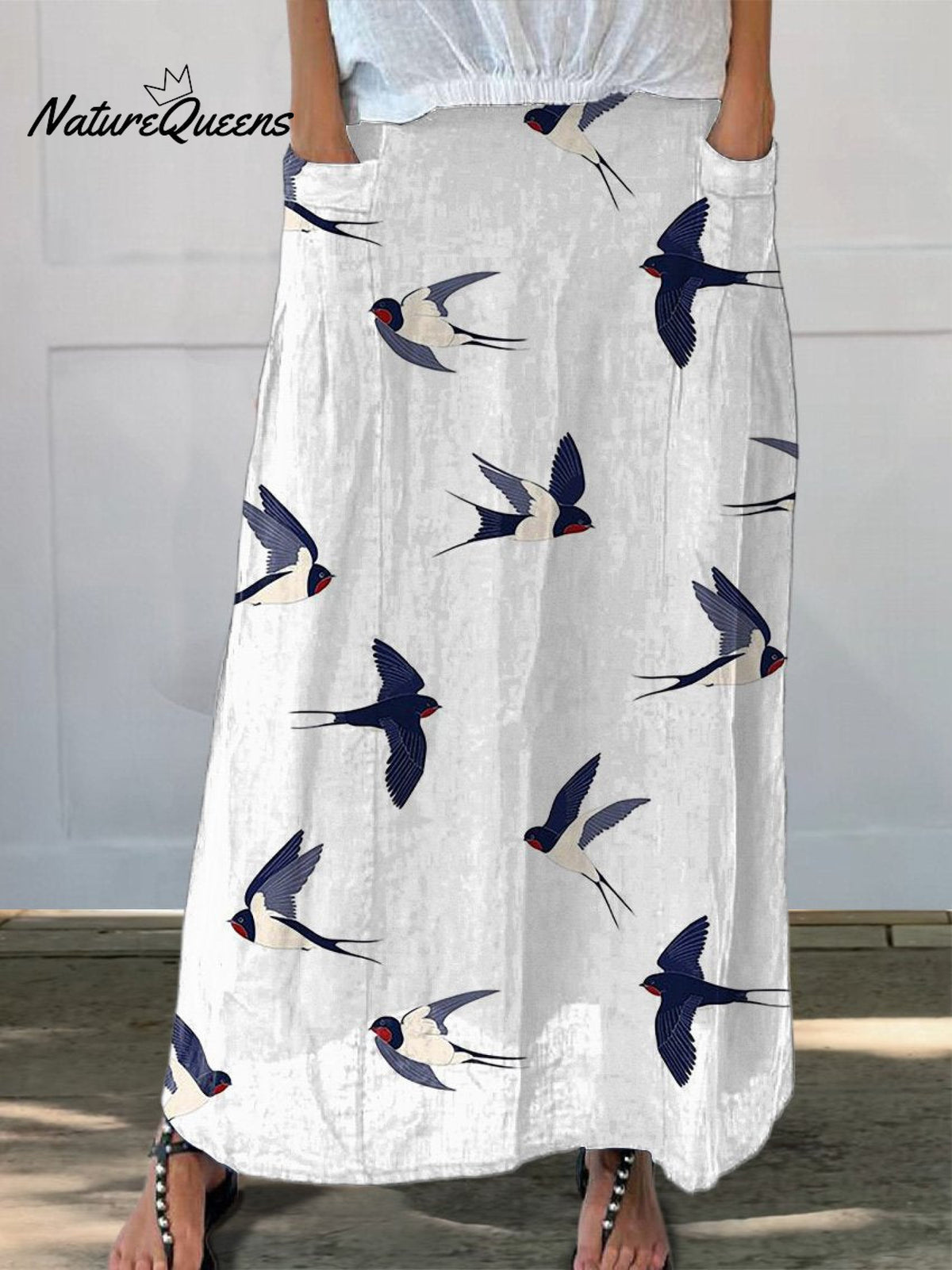 Flying Swallow Repeat Pattern Printed Women's Linen Pocket Skirt