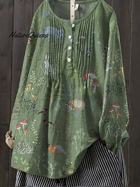 Woodland And Animals Pattern Printed Women's Casual Cotton And Linen Shirt