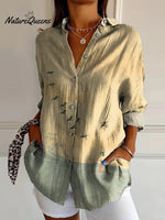 Women's Retro Waves Seabirds Japanese Art Graphic Print Casual Cotton Shirt