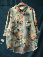 Women's Retro Green Floral Print Casual Cotton And Linen Shirt