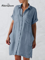 Women's Cotton And Linen Short Sleeve Irregular Pockets Shirt Dress