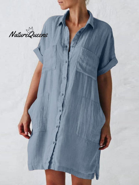 Women's Cotton And Linen Short Sleeve Irregular Pockets Shirt Dress