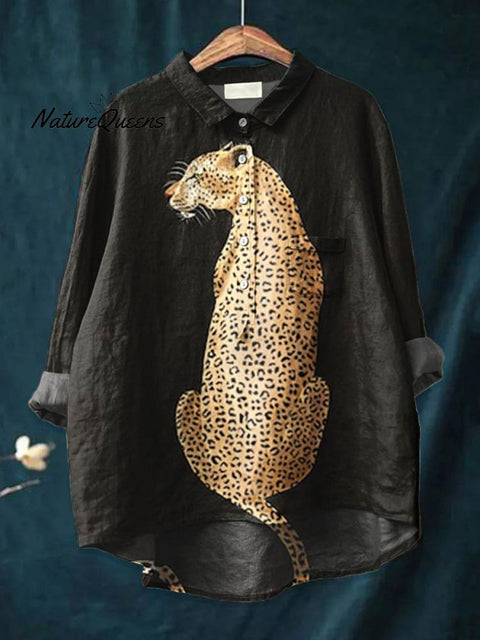 Leopard  Art  Print Casual Cotton And Linen Shirt