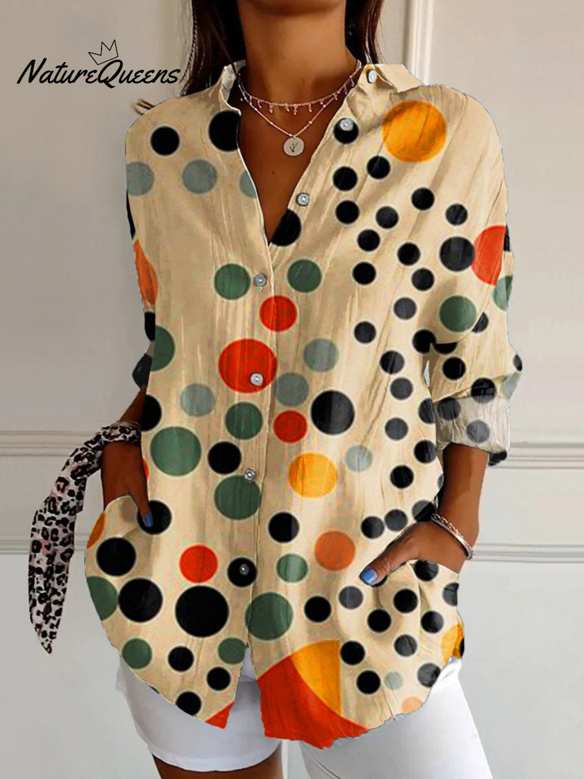 Women'sMinimalism Abstract Geometry RetroArtPrint Casual Cotton Shirt