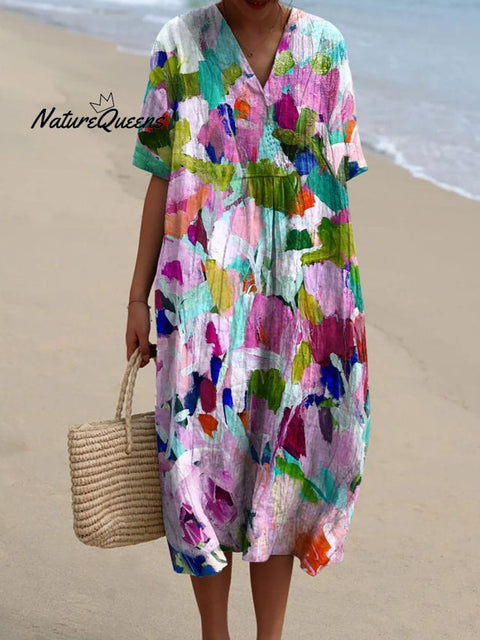 Oil Painting Abstract Floral Garden Printed Women's Flowy Dress
