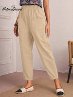 Cotton And Linen Elastic Waist Pocket Tapered Pants