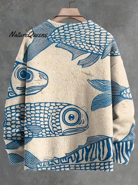 Men's V-neck Women's Blue Minimalist Line Fish Print Long Sleeve Sweater