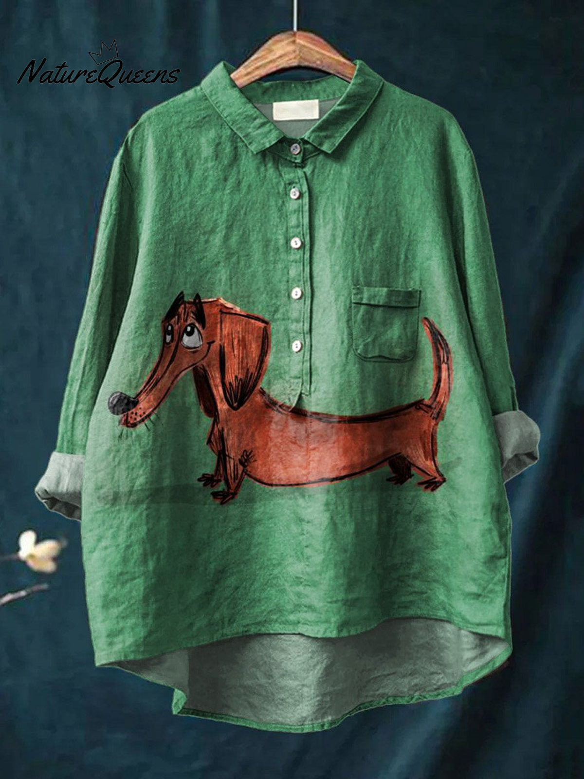 Vintage Lovely Dachshund Art Print Casual Cotton And Linen Shirt