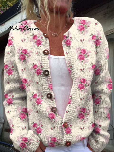 Watercolor French Rose Repeat Pattern Print Buttoned Cardigan Sweater