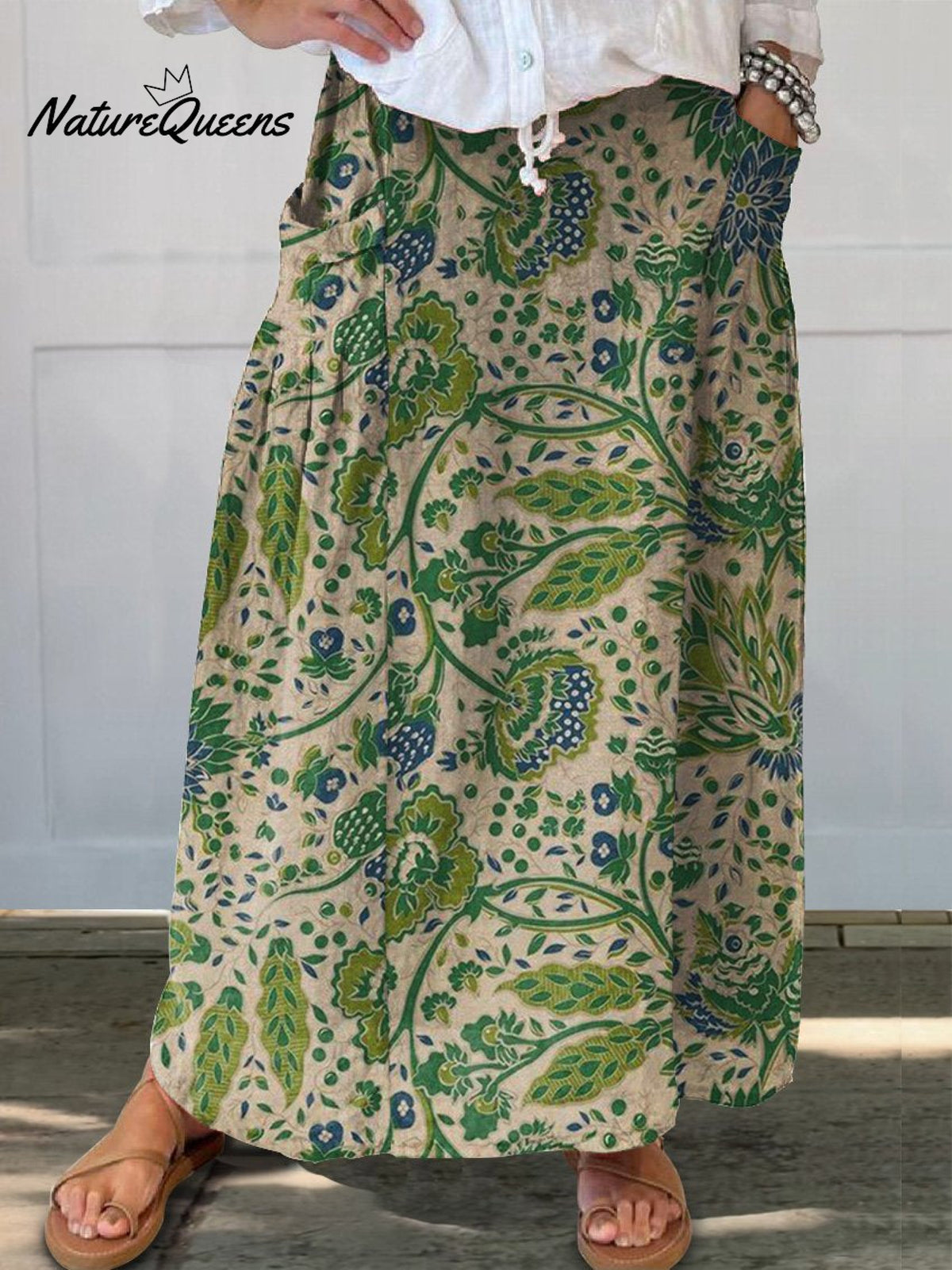 Women’s Retro Flower Art Print Linen Pocket Skirt Multicolor / S