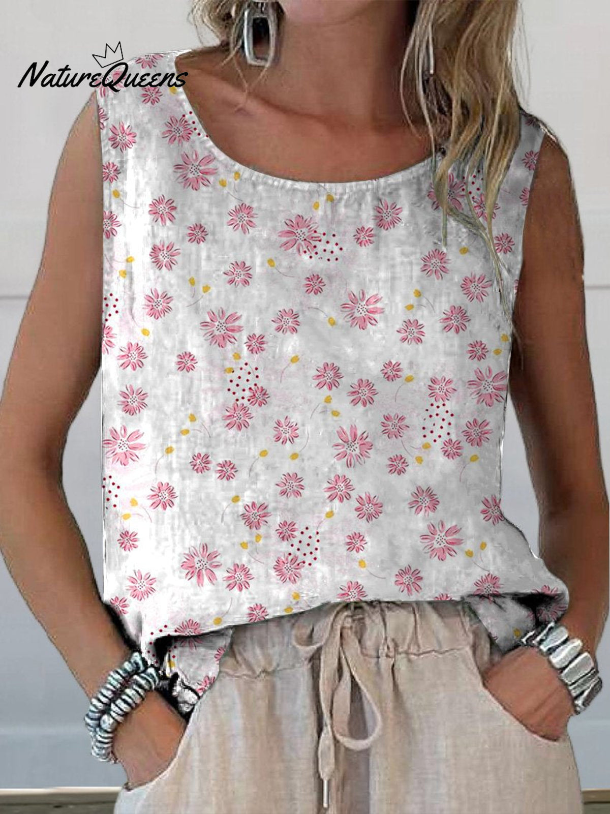 Pink Daisy Floral Pattern Printed Women’s Casual Cotton And Linen Tank Top