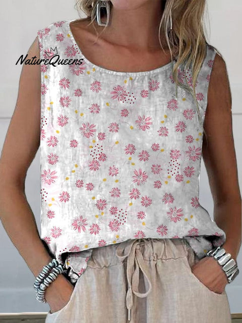 Pink Daisy Floral Pattern Printed Women’s Casual Cotton And Linen Tank Top