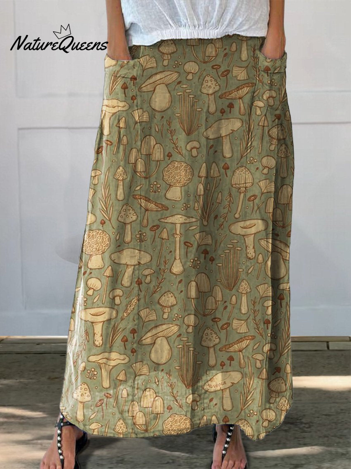 Assorted Wild Mushrooms Repeat Pattern Printed Women’s Linen Pocket Skirt