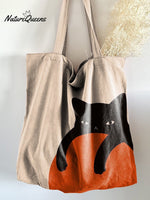 Ball Hugging Cat Print Linen Tote Bag