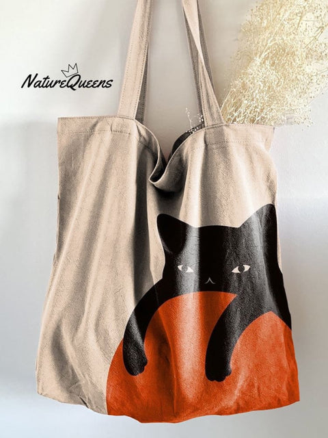 Ball Hugging Cat Print Linen Tote Bag