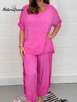 Women's Solid Color Cotton And Linen Short-sleeved Two-piece Suit