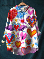 Heart Art Printed Women's Casual Cotton And Linen Shirt