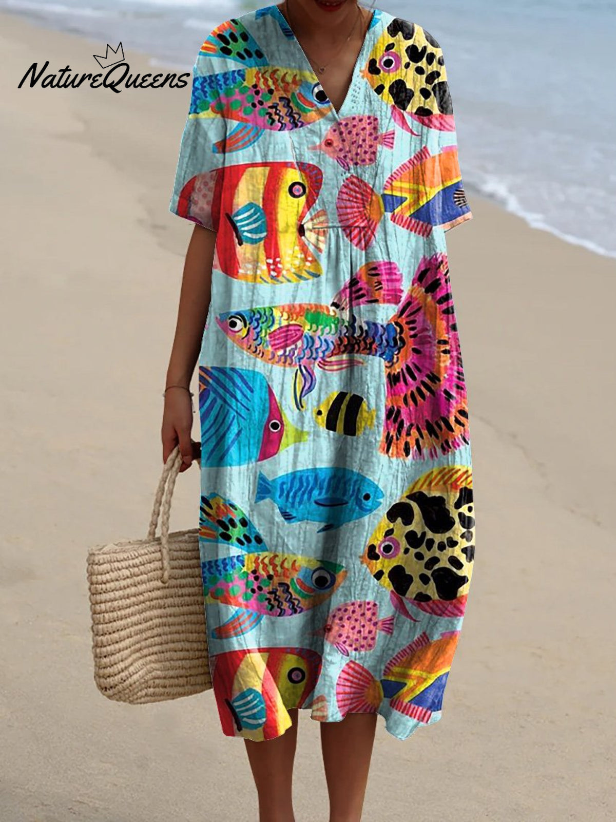 Cartoon Tropical Fish Pattern Printed Women's Flowy Dress