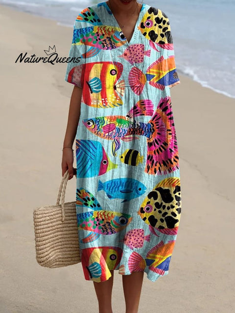 Cartoon Tropical Fish Pattern Printed Women's Flowy Dress