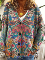 Women's Retro Flowers Totem Print Buttoned V-neck Cardigan Sweater