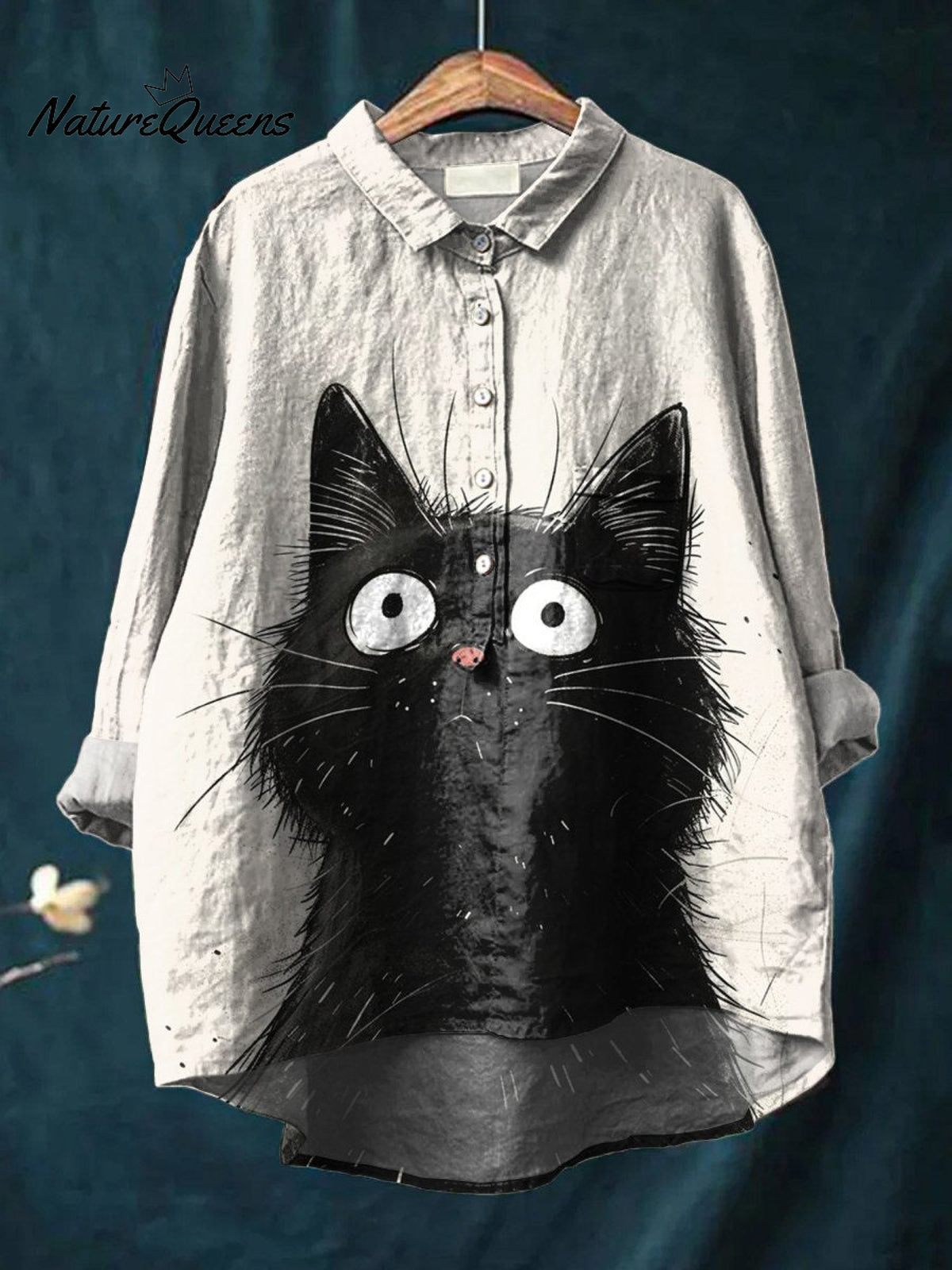 Women's Black Cat Animal Art Print Casual Cotton And Linen Shirt