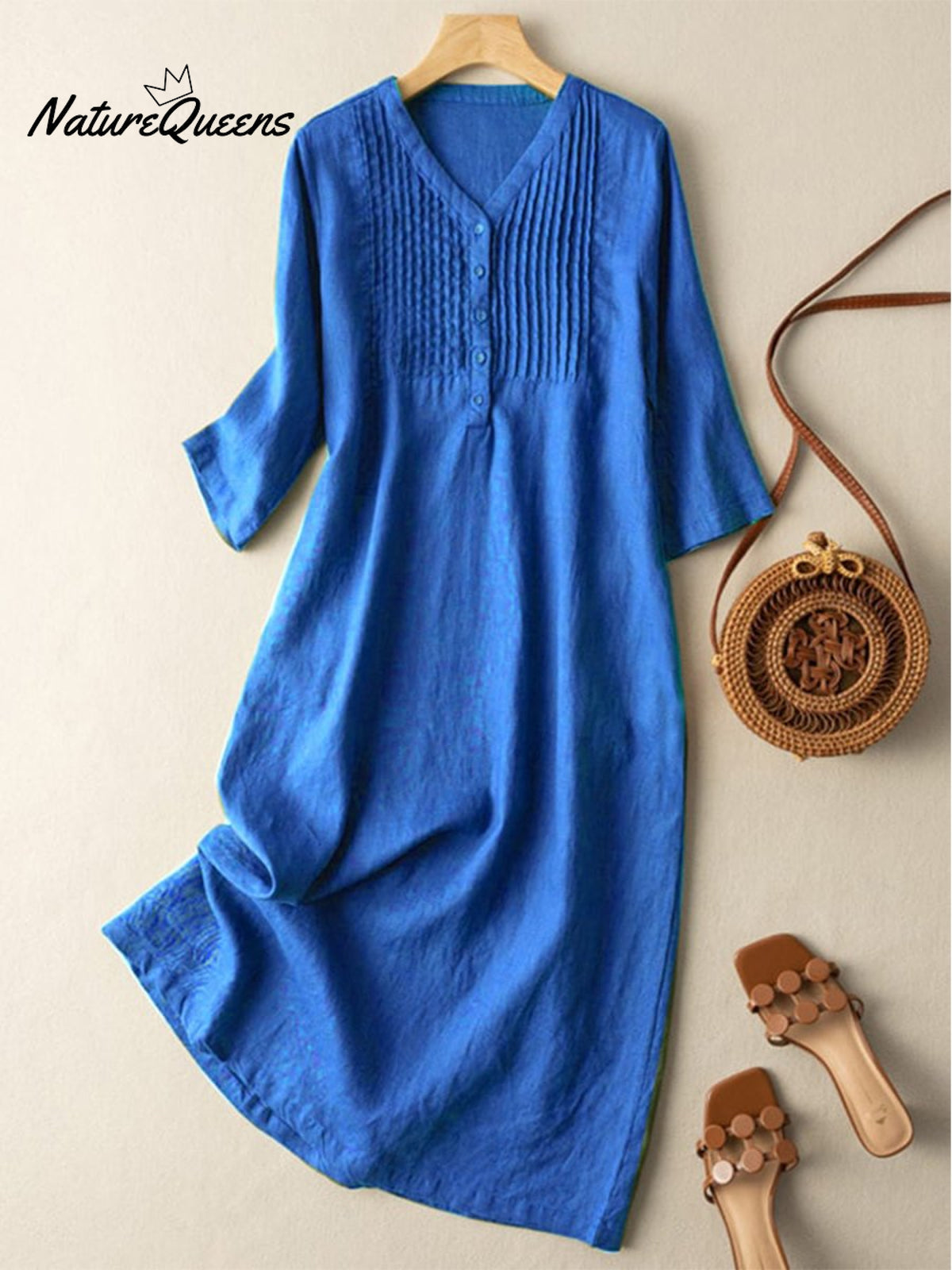 Cotton And Linen V-Neck Pleated Loose Dress