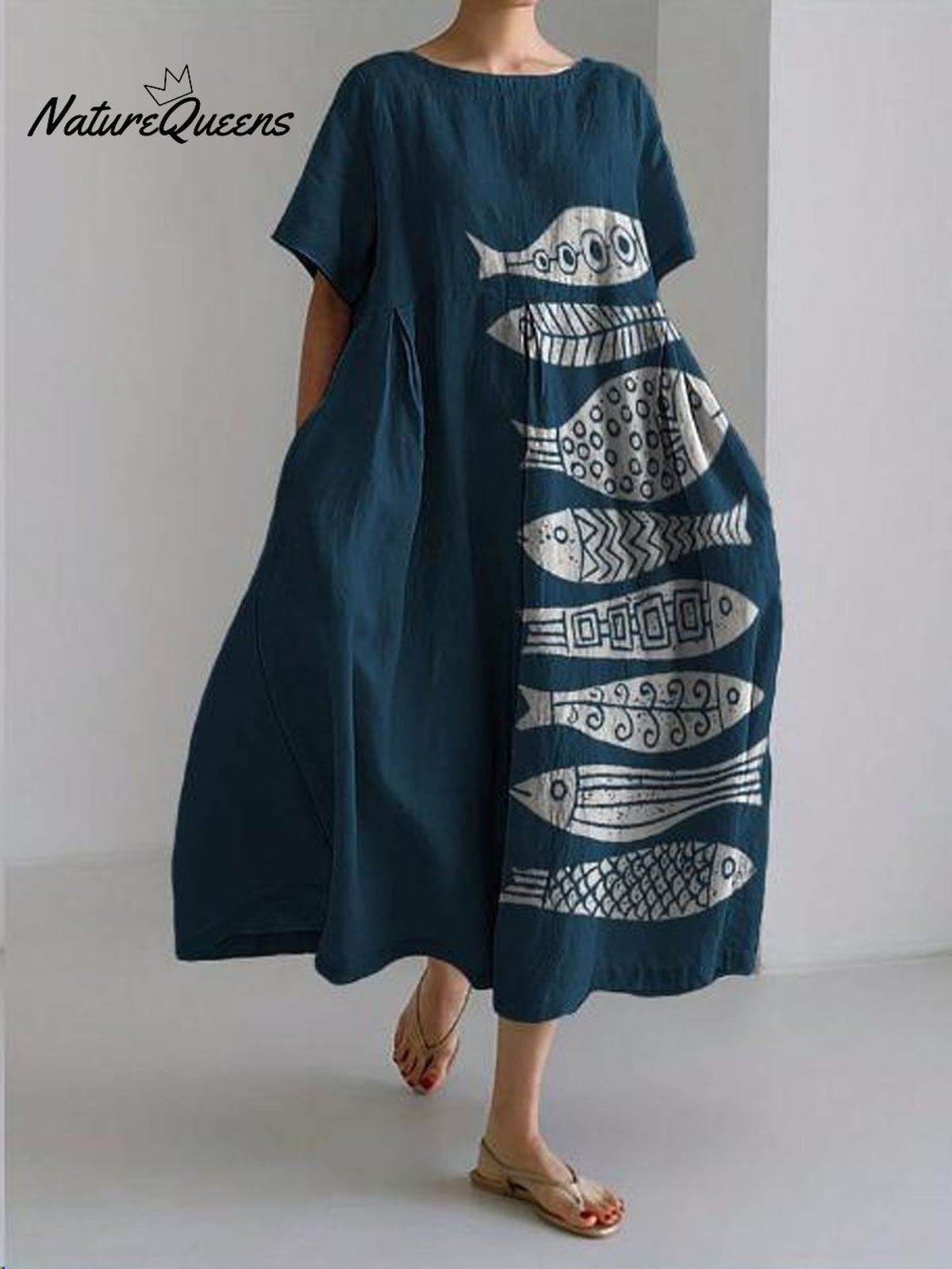 Women's Vintage Lovely Fish Art Print Large Size Loose Casual Dress