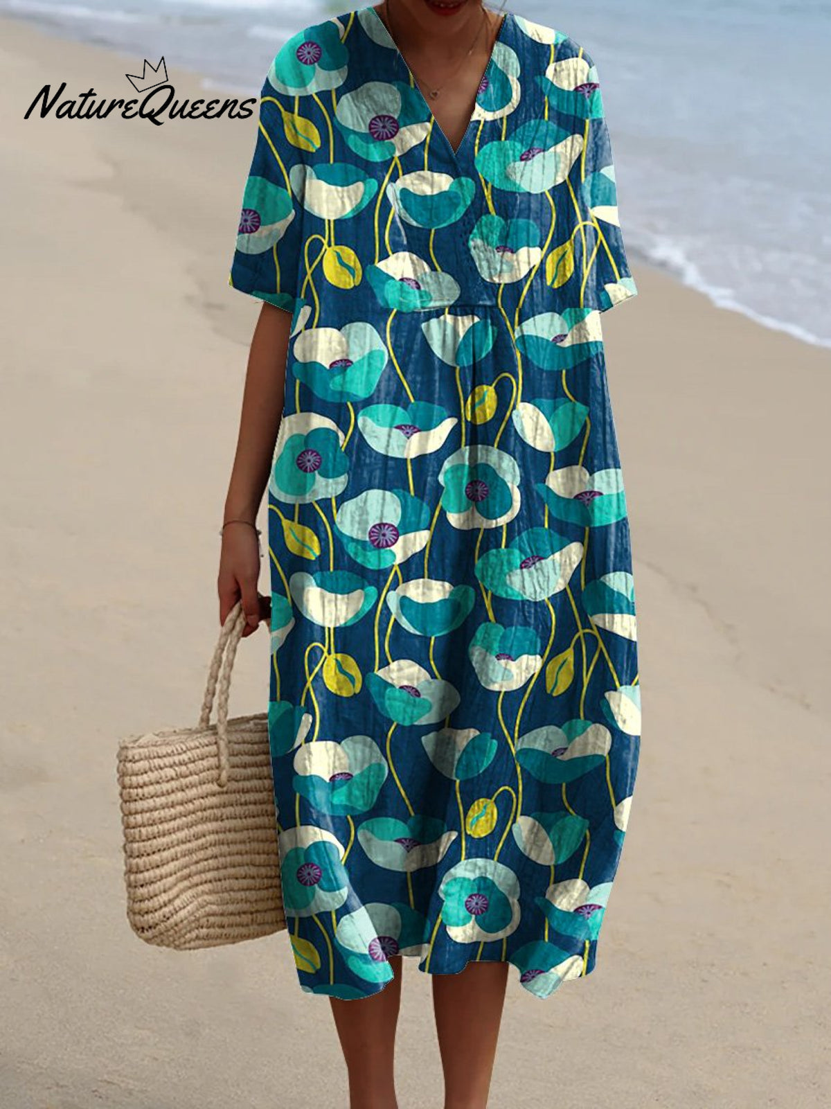 Blue Poppy Floral Pattern Printed Women's Flowy Dress