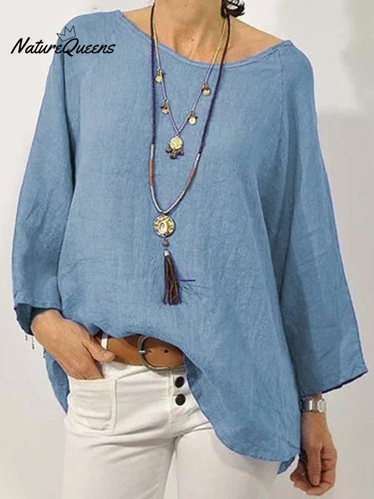 Women’s Solid Colour Cotton And Linen Round Neck Ninth Sleeve Blouse Blue / S