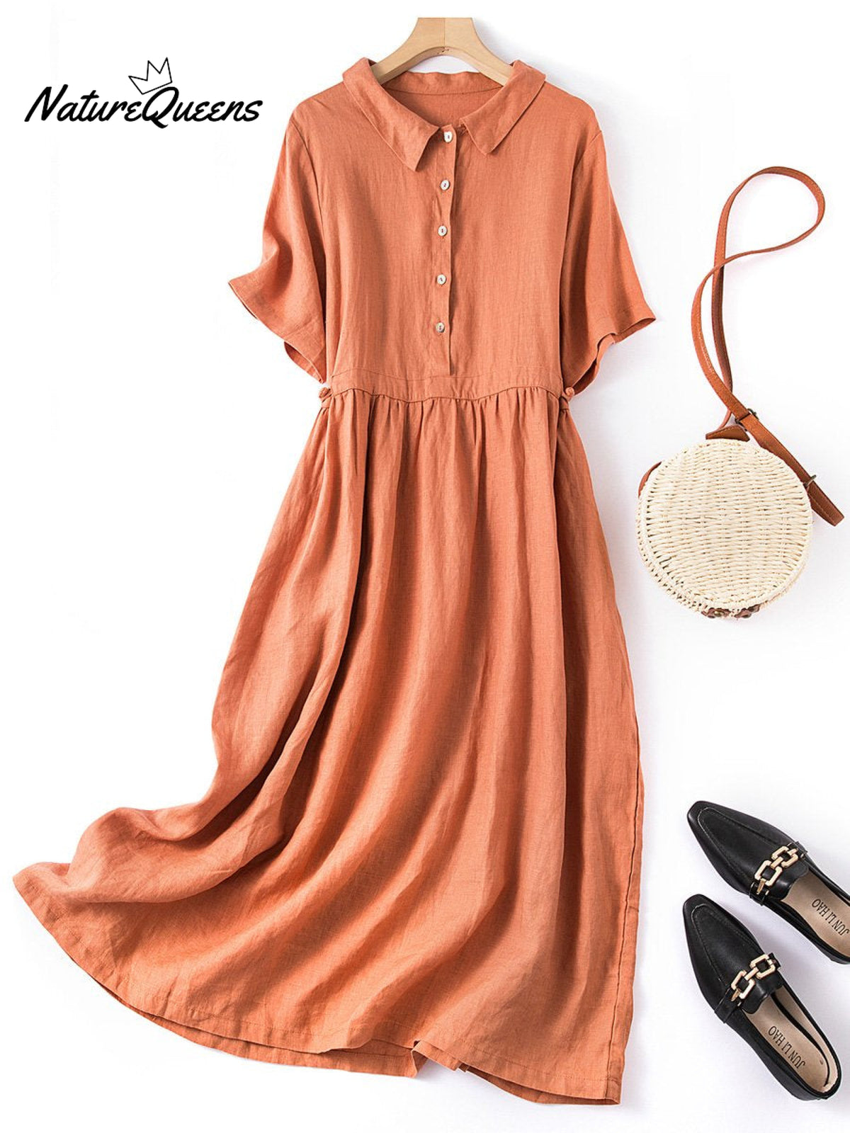 Women’s Spring And Summer Short Sleeve Shirt Collar Retro Dress Orange / M