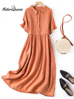 Women’s Spring And Summer Short Sleeve Shirt Collar Retro Dress Orange / M