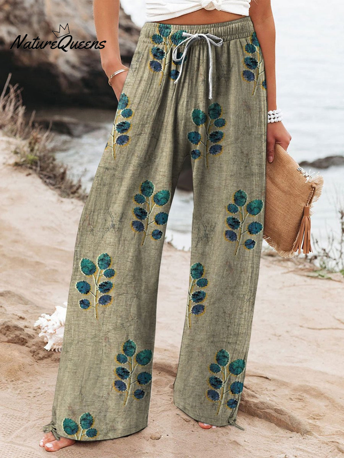 Women's Flower Printed Cotton And Linen Casual Pants