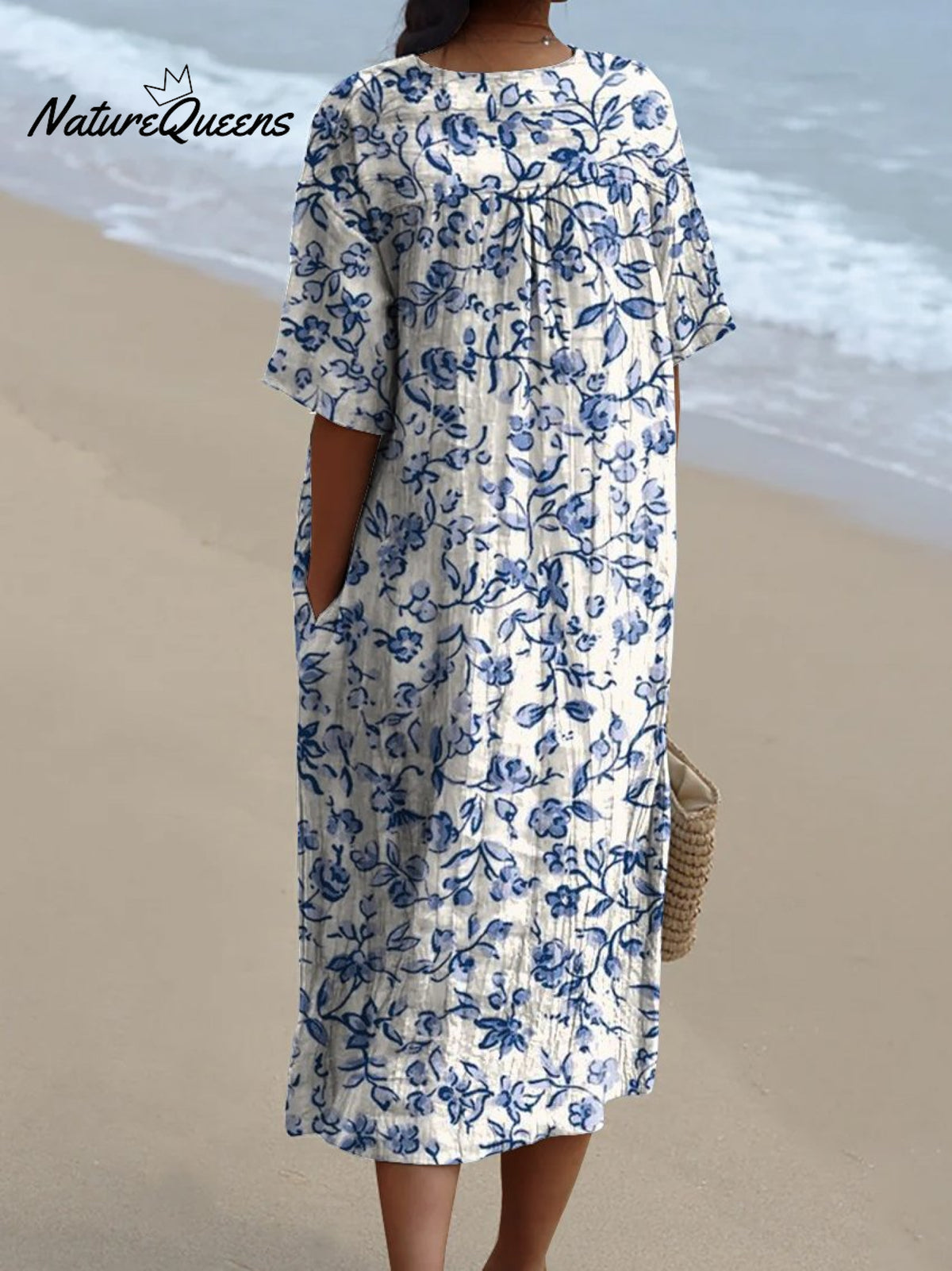 Women's Small Blue Flowers Watercolor Splash Fluid Art Print Flowy Dress