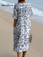 Women's Small Blue Flowers Watercolor Splash Fluid Art Print Flowy Dress