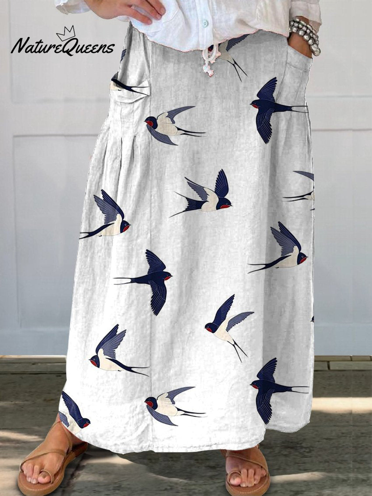 Flying Swallow Repeat Pattern Printed Women's Linen Pocket Skirt
