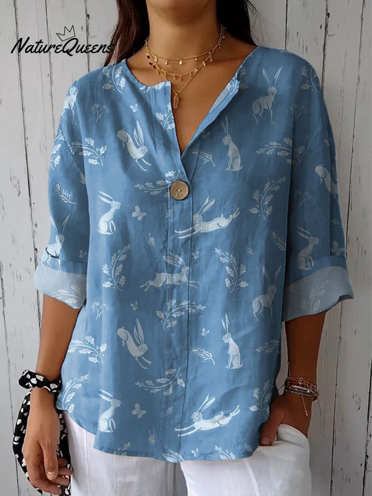 Spring Woodland Rabbit Repeat Pattern Printed Women's Casual Cotton Linen Shirt