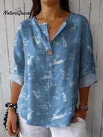 Spring Woodland Rabbit Repeat Pattern Printed Women's Casual Cotton Linen Shirt