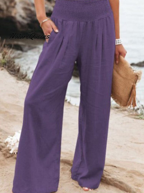 Women’s Cotton And Linen Elasticated Waist - Waisted Wide - Leg Pants Purple / S