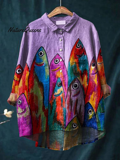 Women's Fish Art Print Casual Cotton And Linen Shirt