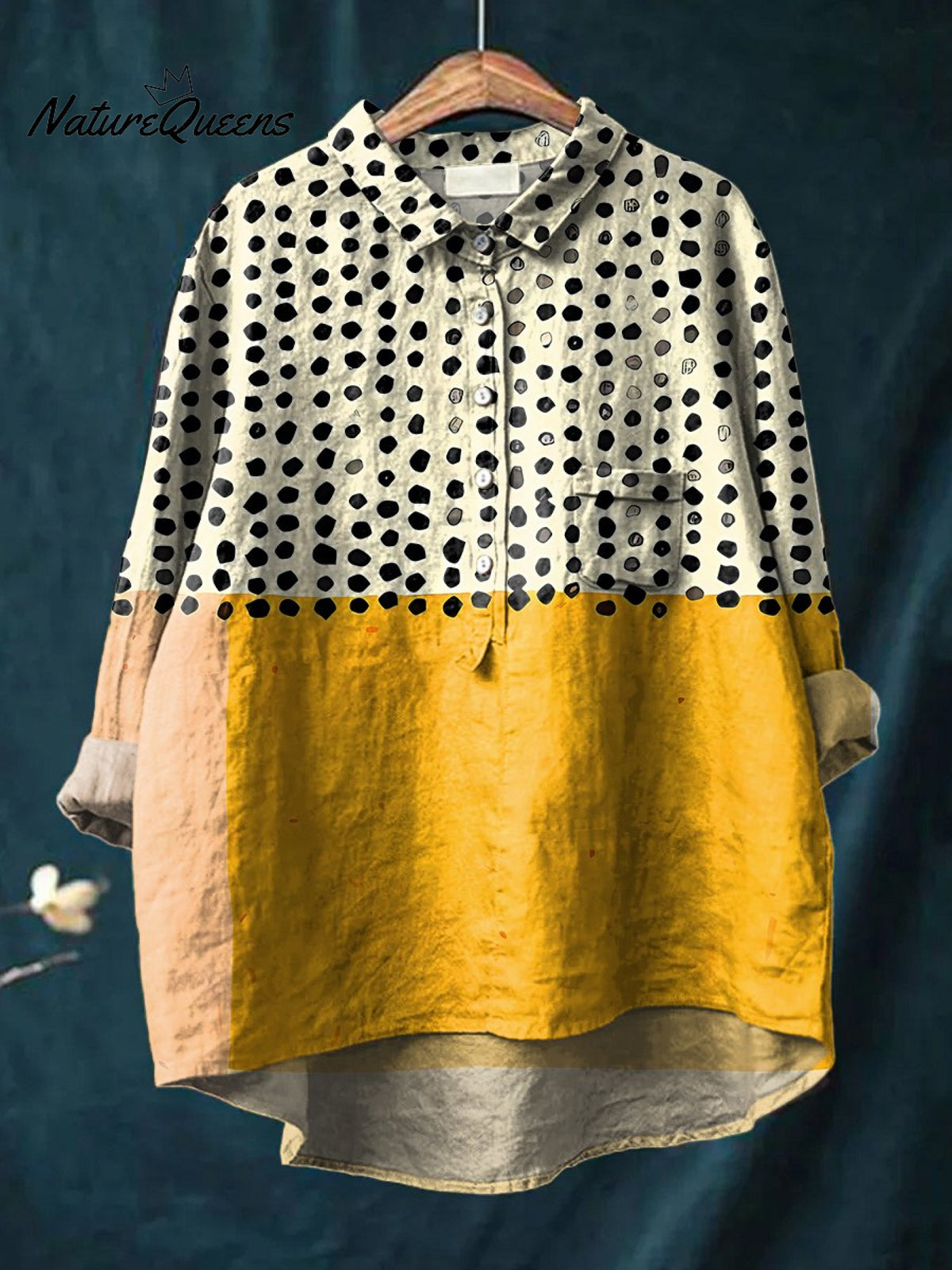 Women's Yellow Color-blocked Dots Print Casual Cotton And Linen Shirt