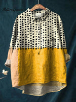Women's Yellow Color-blocked Dots Print Casual Cotton And Linen Shirt
